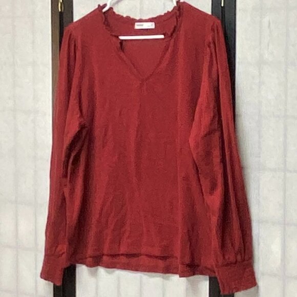 Sonoma Ruffle Open V-Neck Knit Top Long Sleeve Shirred Cuff Blouse Rust XL - Picture 4 of 12